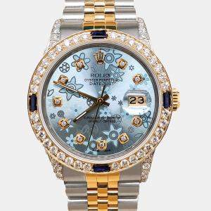 Rolex Custom Blue Flower 2.48ct Diamonds 18K Yellow Gold Stainless Steel Datejust  Automatic Men's Wristwatch 36mm