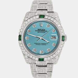 Rolex Custom Turquoise 12.4ct Diamonds Stainless Steel Datejust  Automatic Men's Wristwatch 36mm