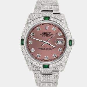 Rolex Custom Salmon 12.4ct Diamonds Stainless Steel Datejust  Automatic Men's Wristwatch 36mm