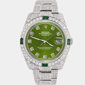 Rolex Custom Royal Green 12.4ct Diamonds Stainless Steel Datejust  Automatic Men's Wristwatch 36mm