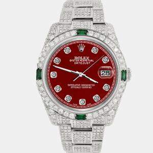 Rolex Custom Imperial Red 12.4ct Diamonds Stainless Steel Datejust 116200 Automatic Men's Wristwatch 36mm