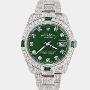 Rolex Custom Forest Green 12.4ct Diamonds Stainless Steel Datejust 116200 Automatic Men's Wristwatch 36mm