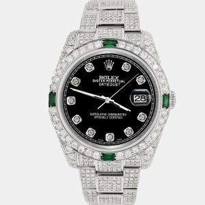 Rolex Custom Black 12.4ct Diamonds Stainless Steel Datejust 116200 Automatic Men's Wristwatch 36mm