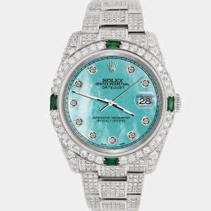 Rolex Custom Aquamarine 12.4ct Diamonds Stainless Steel Datejust  Automatic Men's Wristwatch 36mm