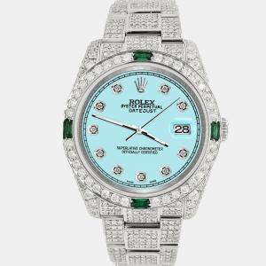 Rolex Custom Aqua 12.4ct Diamonds Stainless Steel Datejust  Automatic Men's Wristwatch 36mm