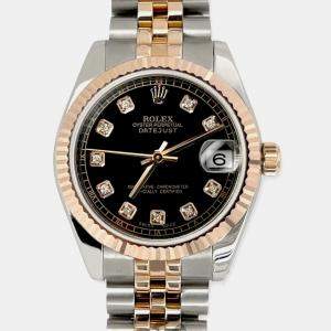 Rolex Custom Black Diamond 18K Yellow Gold Stainless Steel Datejust 178271 Automatic Women's Wristwatch 31mm