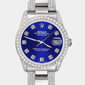 Rolex Custom Navy Blue MOP 3.5ct Diamond Stainless Steel Datejust Automatic Women's Wristwatch 31 mm