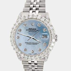 Rolex Custom Blue MOP 2.95ct Diamond Stainless Steel Datejust Automatic Women's Wristwatch 31 mm