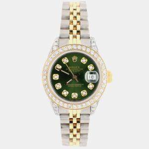 Rolex Custom Forest Green Diamond 18K Yellow Gold Stainless Steel Datejust  Automatic Women's Wristwatch 26mm