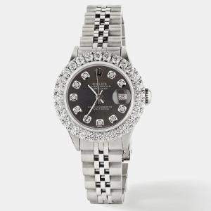 Rolex Customised Grey 2CT Diamond Stainless Steel Datejust  Automatic Women's Wristwatch 26mm