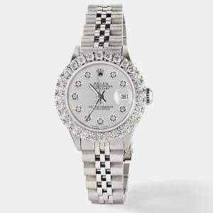 Rolex Customised Silver 2CT Diamond Stainless Steel Datejust  Automatic Women's Wristwatch 26mm