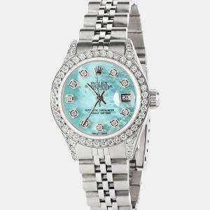 Rolex Customised Aquamarine Blue MOP Diamond Stainless Steel Datejust  Automatic Women's Wristwatch 26mm