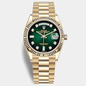 Rolex Day-Date Green Dial, Baguette Markers 18k Yellow Gold 36 mm