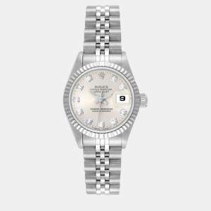 Rolex Datejust Steel White Gold Silver Diamond Dial Ladies Watch 69174