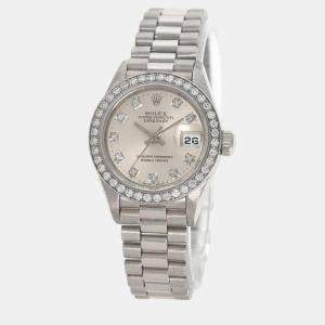 Rolex Silver Diamond Platinum Datejust 69136 Automatic Women's Wristwatch 26 mm