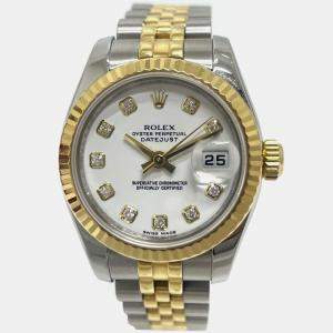 Rolex White Diamond 18k Yellow Gold Stainless Steel Datejust 179173 Automatic Women's Wristwatch 26 mm