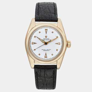 Vintage Rolex Oyster Perpetual Bubble Back 14K Gold White Dial Watch 31 mm
