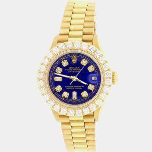 Rolex Custom Navy Blue 2ct Diamonds 18K Yellow Gold President Datejust  Automatic Women's Wristwatch 26mm