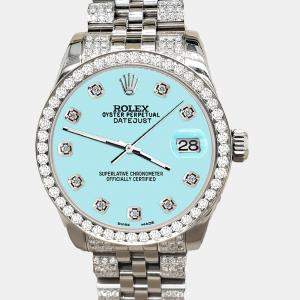 Rolex Custom Aqua Blue 3.30ct Diamonds Stainless Steel Datejust 178240 Automatic Women's Wristwatch 31mm