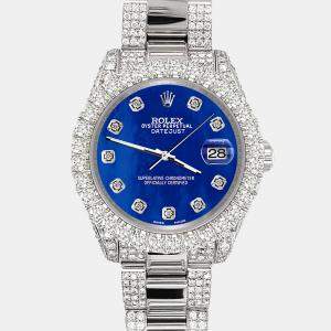 Rolex Custom Royal Blue 7.2ct Diamonds Stainless Steel Datejust 178240 Automatic Women's Wristwatch 31mm
