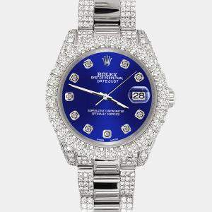 Rolex Custom Navy Blue 7.2ct Diamonds Stainless Steel Datejust 178240 Automatic Women's Wristwatch 31mm