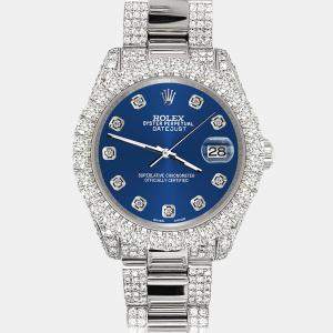 Rolex Custom Cobalt Blue 7.2ct Diamonds Stainless Steel Datejust 178240 Automatic Women's Wristwatch 31mm