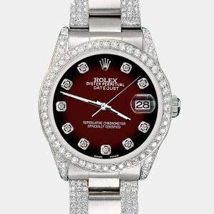Rolex Custom Maroon Vignette 3.5ct Diamond Stainless Steel Datejust Automatic Women's Wristwatch 31 mm