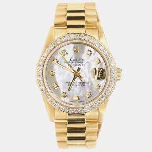 Rolex Custom White MOP Diamond 18K Yellow Gold President Datejust  Automatic Women's Wristwatch 31mm