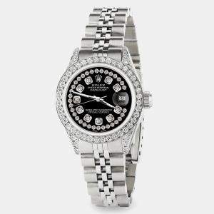 Rolex Custom Black Diamond Stainless Steel Datejust  Automatic Women's Wristwatch 26mm