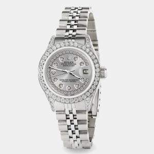 Rolex Custom Silver Diamond Stainless Steel Datejust  Automatic Women's Wristwatch 26mm