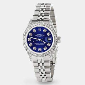 Rolex Custom Navy Blue Diamond Stainless Steel Datejust  Automatic Women's Wristwatch 26mm