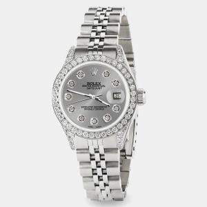 Rolex Custom Grey Diamond Stainless Steel Datejust  Automatic Women's Wristwatch 26mm