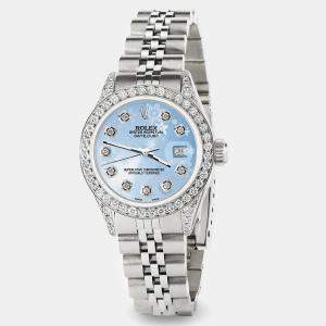 Rolex Custom Blue Flower Diamond Stainless Steel Datejust  Automatic Women's Wristwatch 26mm