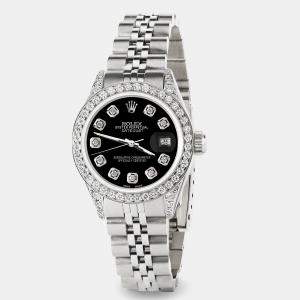 Rolex Custom Black Diamond Stainless Steel Datejust  Automatic Women's Wristwatch 26mm