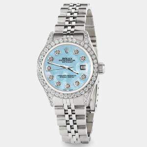 Rolex Custom Sky Blue MOP Diamond Stainless Steel Datejust  Automatic Women's Wristwatch 26mm