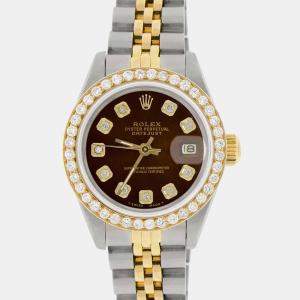 Rolex Custom Cocoa Brown Diamond 18K Yellow Gold Stainless Steel Datejust  Automatic Women's Wristwatch 26mm