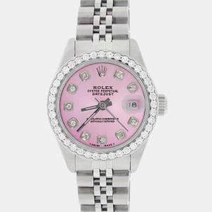 Rolex Customised Hot Pink Diamond Stainless Steel Datejust  Automatic Women's Wristwatch 26MM