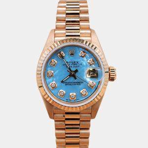 Rolex Customised Sky Blue MOP Diamond 18K Yellow Gold President Datejust 69178 Automatic Women's Wristwatch 26MM