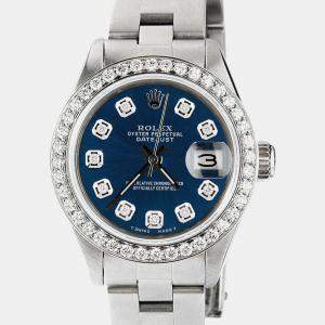 Rolex Customised Blue Diamond Stainless Steel Datejust  Automatic Women's Wristwatch 26mm