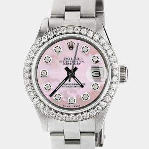 Rolex Customised Pink MOP Diamond Stainless Steel Datejust  Automatic Women's Wristwatch 26mm