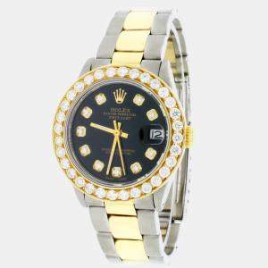 Rolex Customised Black Diamond 18K Yellow Gold Stainless Steel Datejust 6824 Automatic Women's Wristwatch 31mm