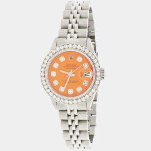 Rolex Customised Orange Diamond Stainless Steel Datejust  Automatic Women's Wristwatch 26mm