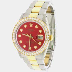 Rolex Customised Red MOP 1.8CT Diamond 18K Yellow Gold Stainless Steel Oyster Perpetual Date  Automatic Men's Wristwatch 34mm