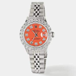 Rolex Customised Orange 2CT Diamond Stainless Steel Datejust  Automatic Women's Wristwatch 26mm