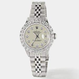 Rolex Customised Satin Linen 2CT Diamond Stainless Steel Datejust  Automatic Women's Wristwatch 26mm