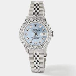 Rolex Customised Sky Blue MOP 2CT Diamond Stainless Steel Datejust  Automatic Women's Wristwatch 26mm