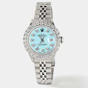 Rolex Customised Aqua Blue 2CT Diamond Stainless Steel Datejust  Automatic Women's Wristwatch 26mm