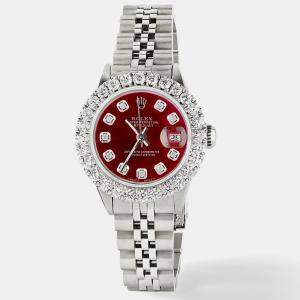 Rolex Customised Red 2CT Diamond Stainless Steel Datejust  Automatic Women's Wristwatch 26mm