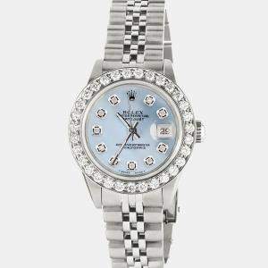 Rolex Customised Sky Blue MOP 1.3CT Diamond Stainless Steel Datejust  Automatic Women's Wristwatch 26mm