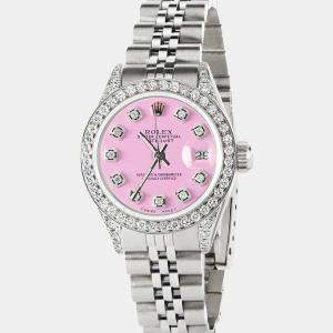 Rolex Customised Pink Diamond Stainless Steel Datejust  Automatic Women's Wristwatch 26mm
